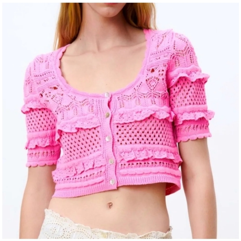 ZARA Pink Pointelle Frilly Cropped Knit Sweater Cardigan